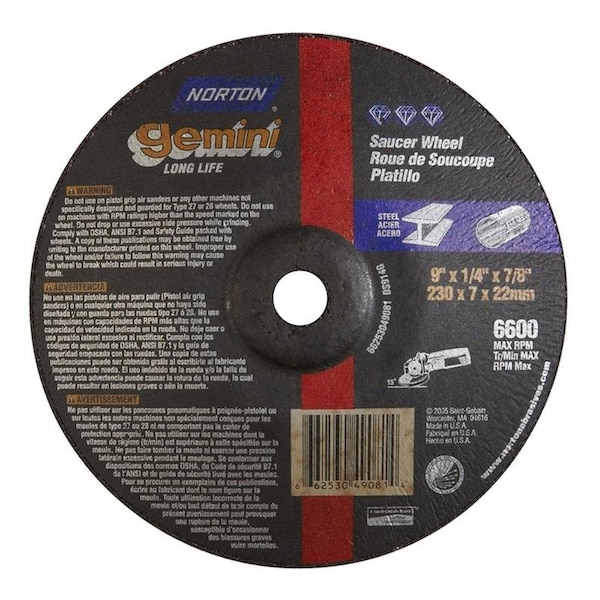 Norton Co Grinding Wheel, Depressed Cntr, Type 28 Saucer - Metal- Gemini Alu Ox, 9 x 1/4 x 7/8, Max RPM: 6600 662530-49081 - main
